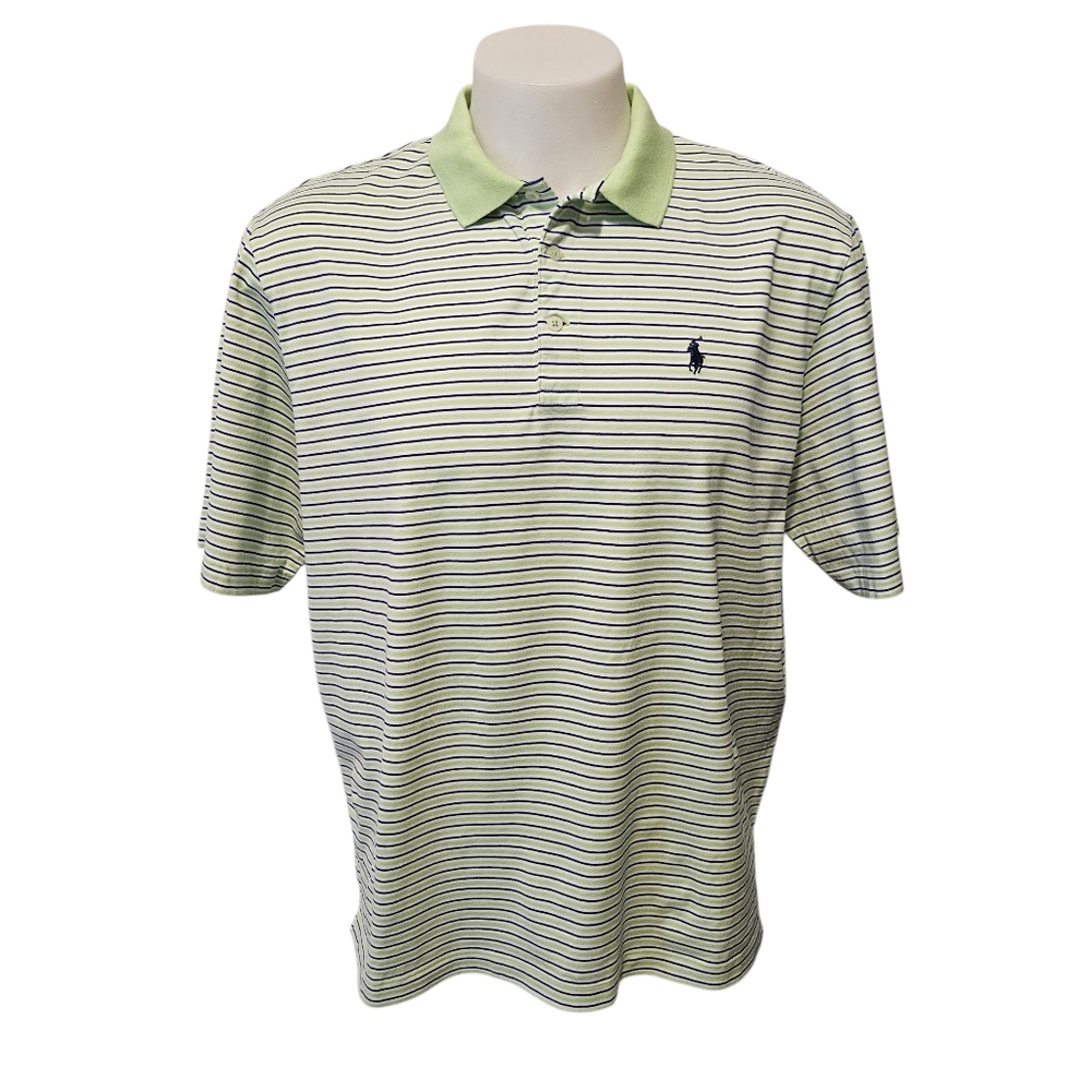Polo Golf Ralph Lauren Mens Shirt Size L Green White Blue Striped Pima Cotton